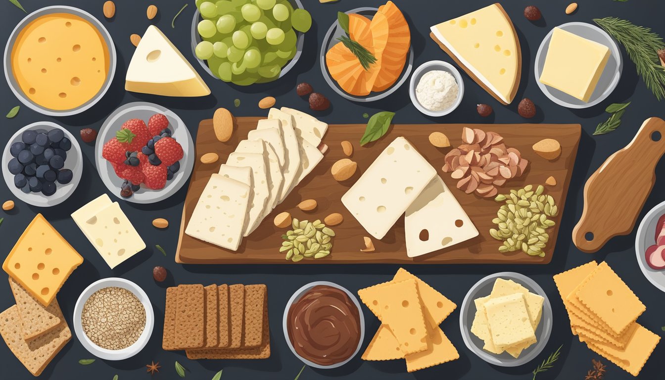 A charcuterie board with a variety of cheeses, fruits, and spreads, accompanied by Simple Mills organic seed flour crackers