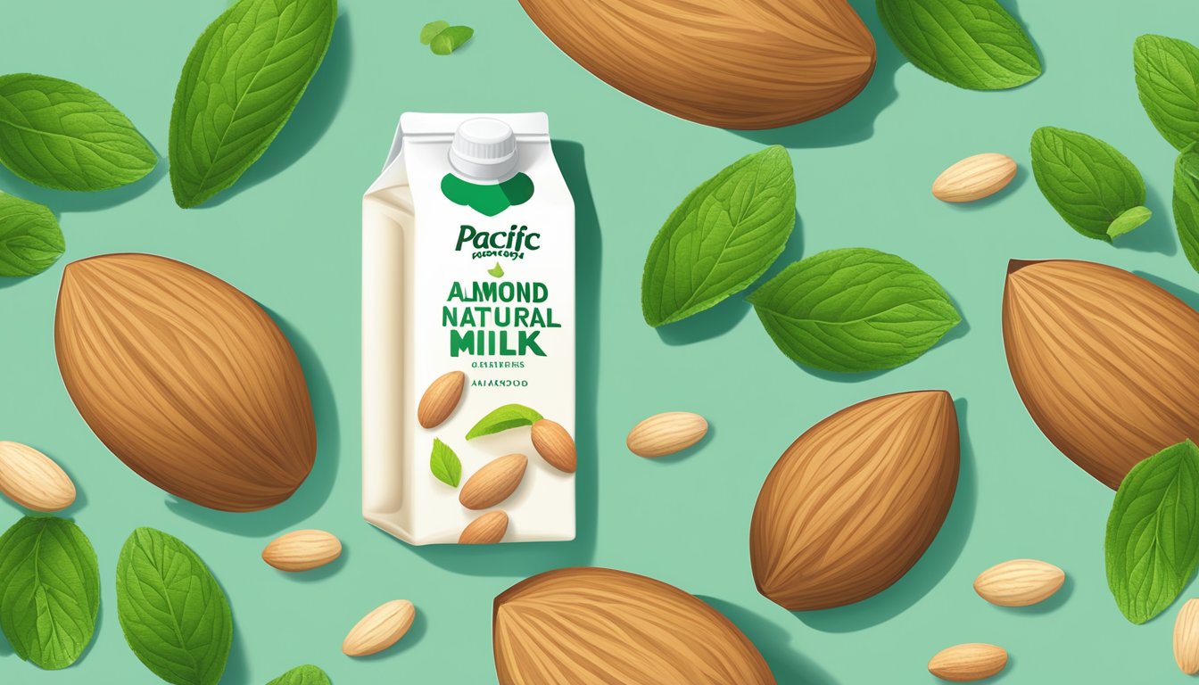 A carton of Pacific Natural Foods organic unsweetened almond milk surrounded by almonds and a sprig of fresh mint