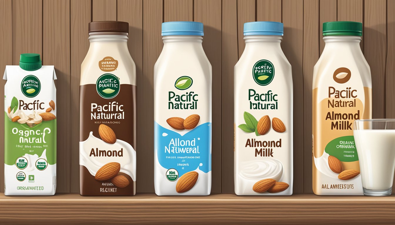 A carton of Pacific Natural Foods organic unsweetened almond milk sits on a wooden shelf beside other non-dairy milk alternatives