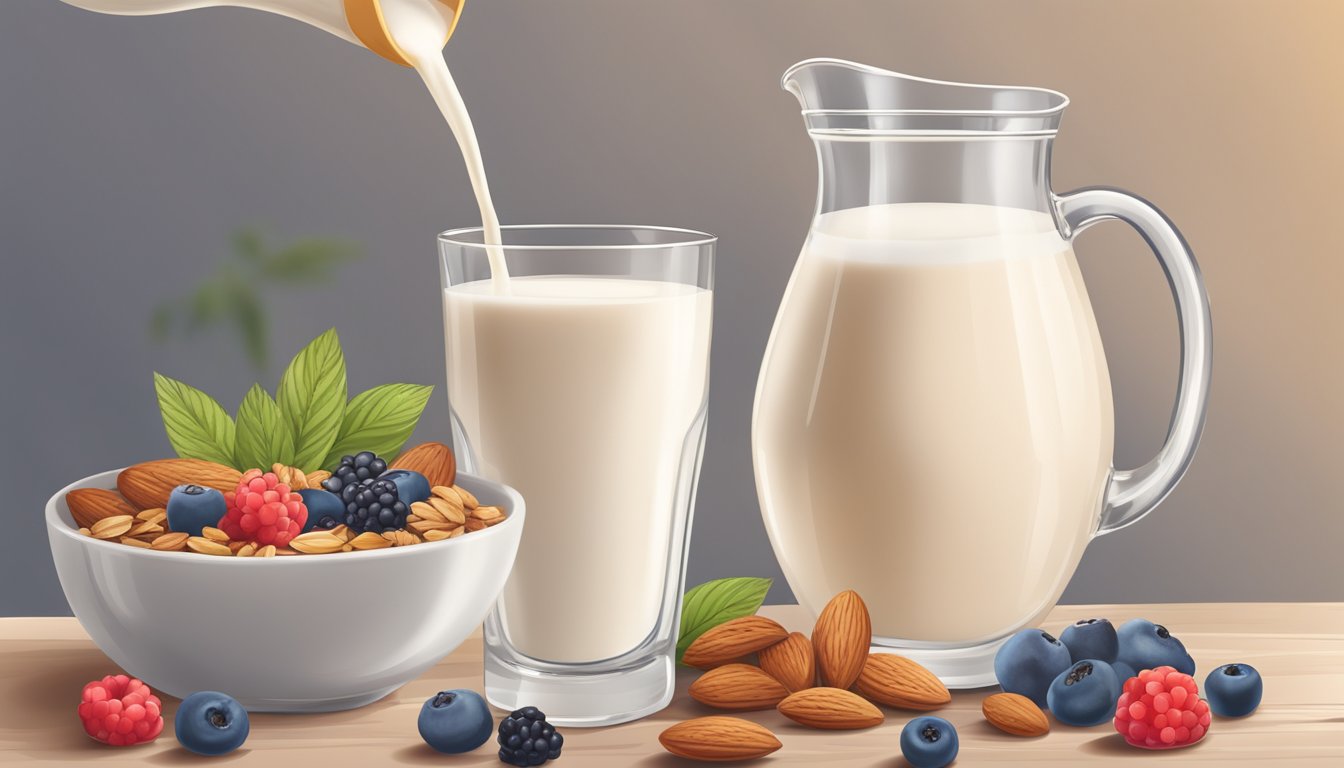 A pitcher pours organic almond milk into a glass, with a bowl of granola and fresh berries on the table