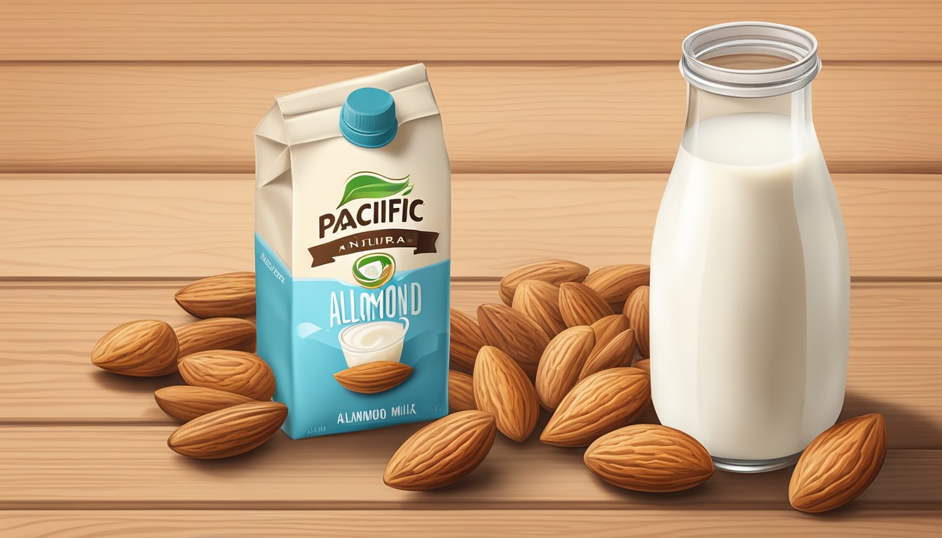 A carton of Pacific Natural Foods organic unsweetened almond milk surrounded by fresh almonds and a clear glass of milk on a wooden table