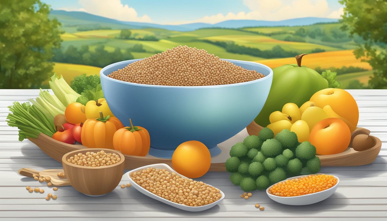 A bowl of buckwheat groats surrounded by vibrant fruits and vegetables, with a backdrop of a serene countryside setting