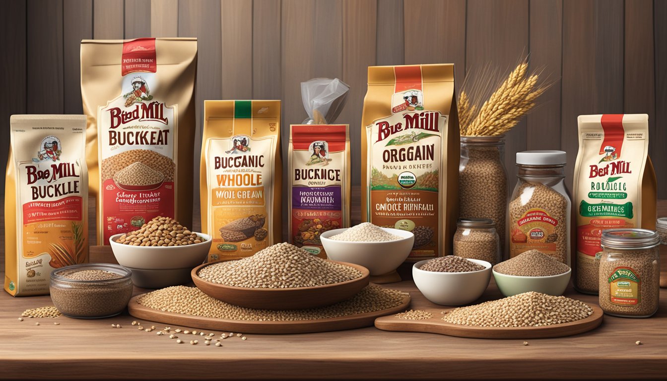 A rustic wooden table with various bobs red mill organic whole grain buckwheat products arranged in an appealing display