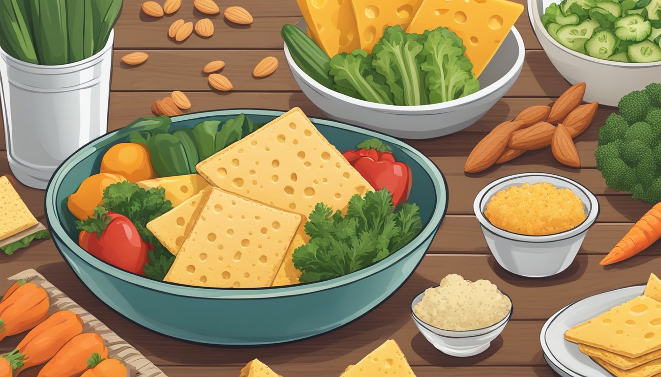 A bowl of Simple Mills Farmhouse Cheddar Almond Flour Crackers surrounded by a variety of fresh, colorful vegetables and a glass of water on a wooden table