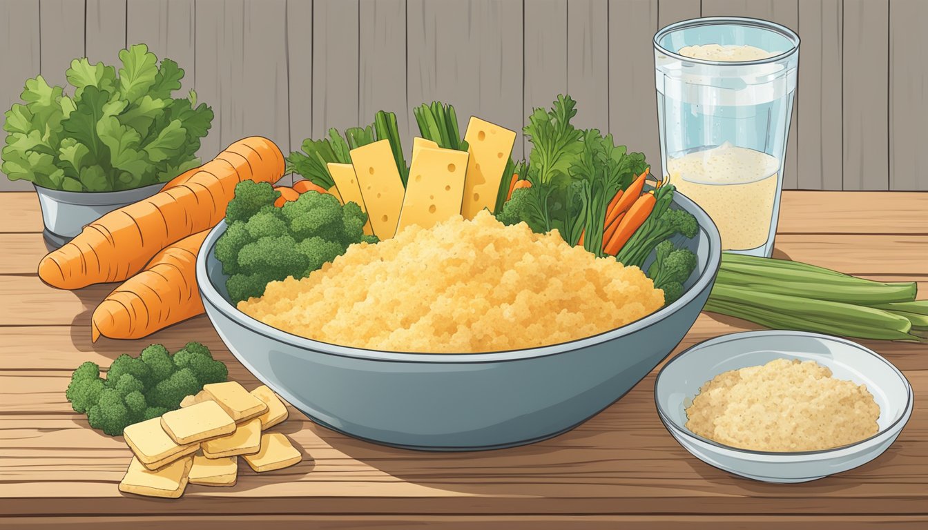 A bowl of Simple Mills Farmhouse Cheddar Almond Flour Crackers surrounded by fresh vegetables and a glass of water on a wooden table