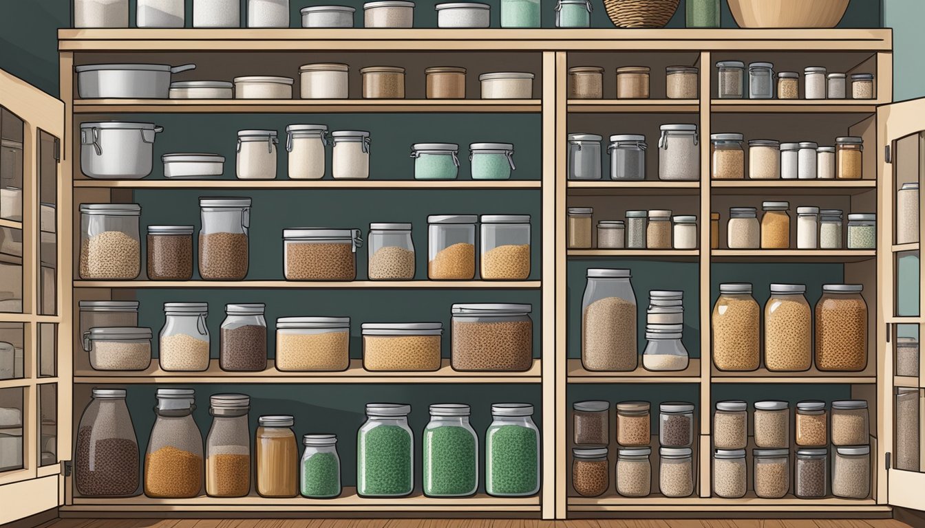 A kitchen pantry with shelves stocked with bags of Bob's Red Mill organic whole grain buckwheat, alongside neatly organized jars and containers for storage