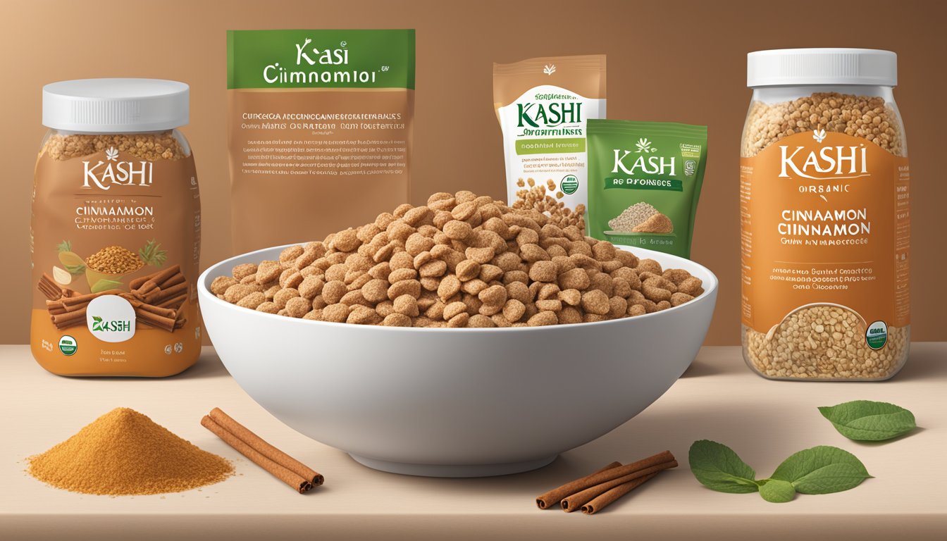 A bowl of Kashi Organic Promise Cinnamon Harvest cereal surrounded by various wholesome ingredients and a clear display of dietary and allergen information