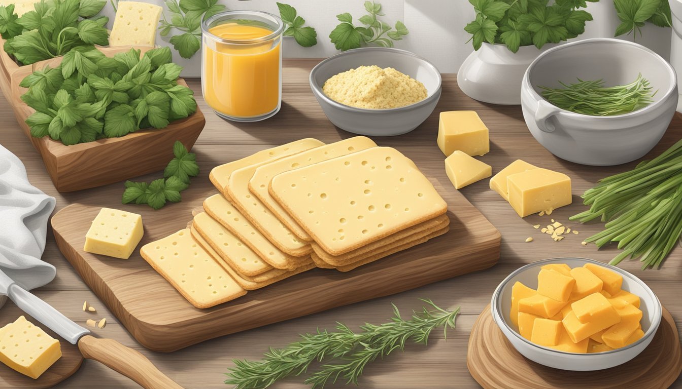 A rustic farmhouse kitchen with a wooden table spread with Simple Mills Farmhouse Cheddar Almond Flour Crackers, surrounded by fresh herbs and a wedge of cheddar