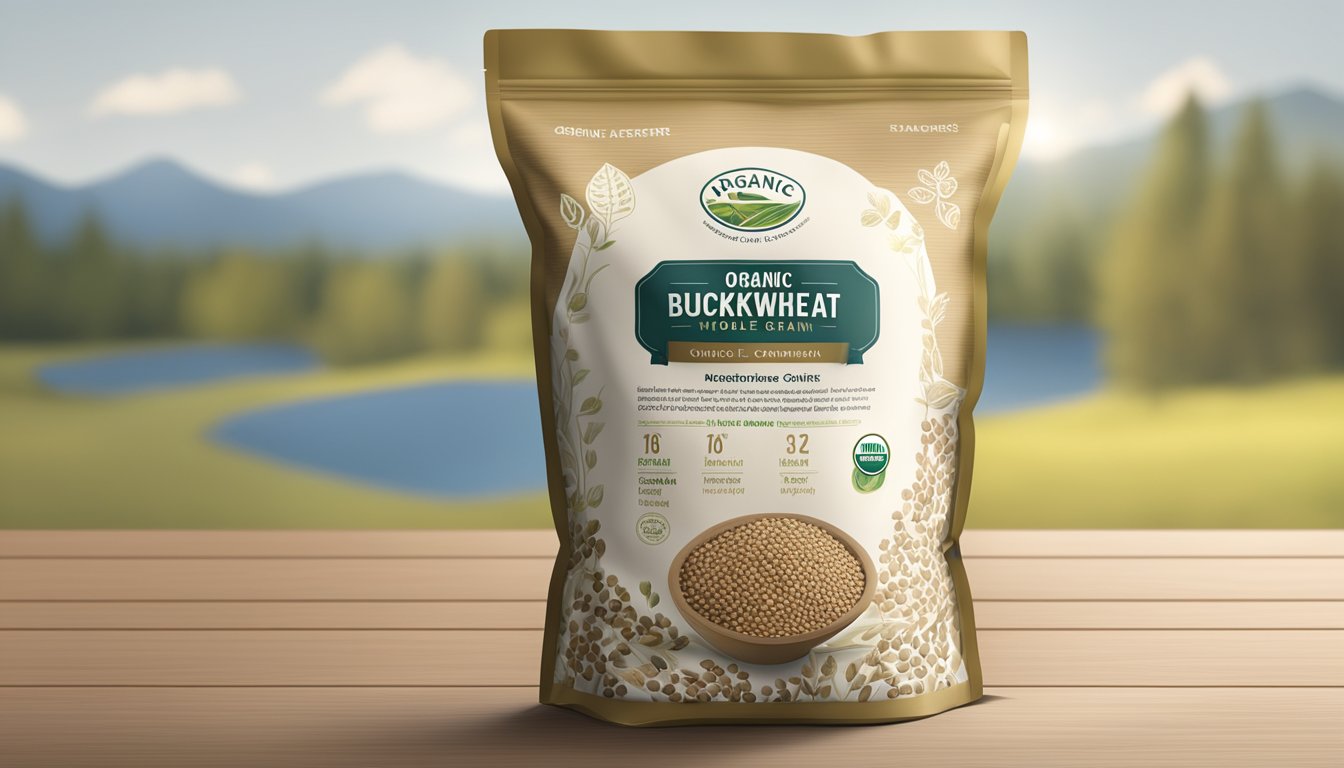 A bag of organic whole grain buckwheat with nutritional information and labeling displayed prominently on the packaging