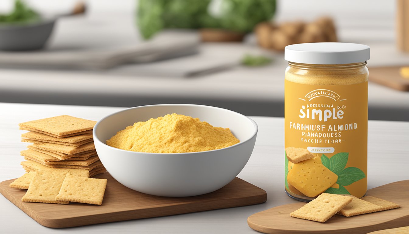 A bowl of Simple Mills Farmhouse Cheddar Almond Flour Crackers placed next to a jar of dip on a wooden serving board