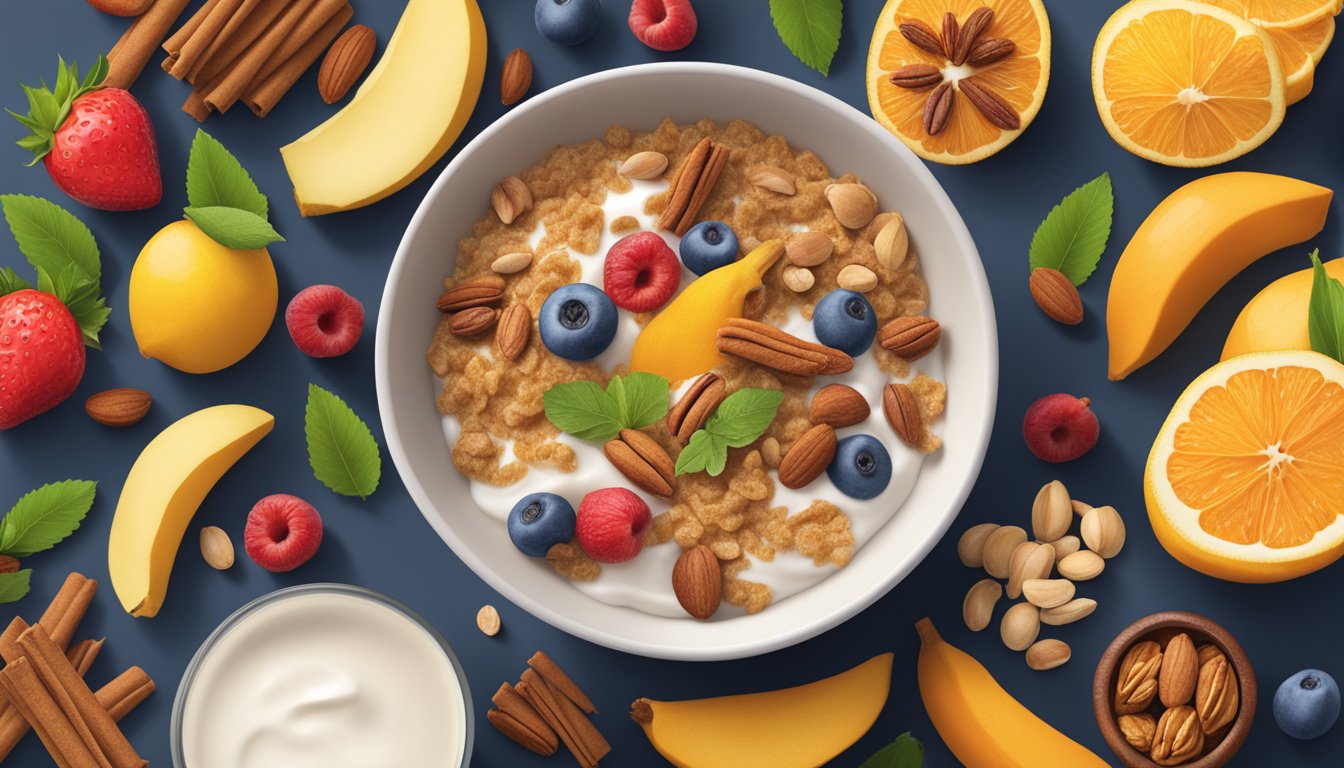 A bowl of Kashi Organic Promise Cinnamon Harvest cereal with milk, surrounded by a variety of fresh fruits and nuts