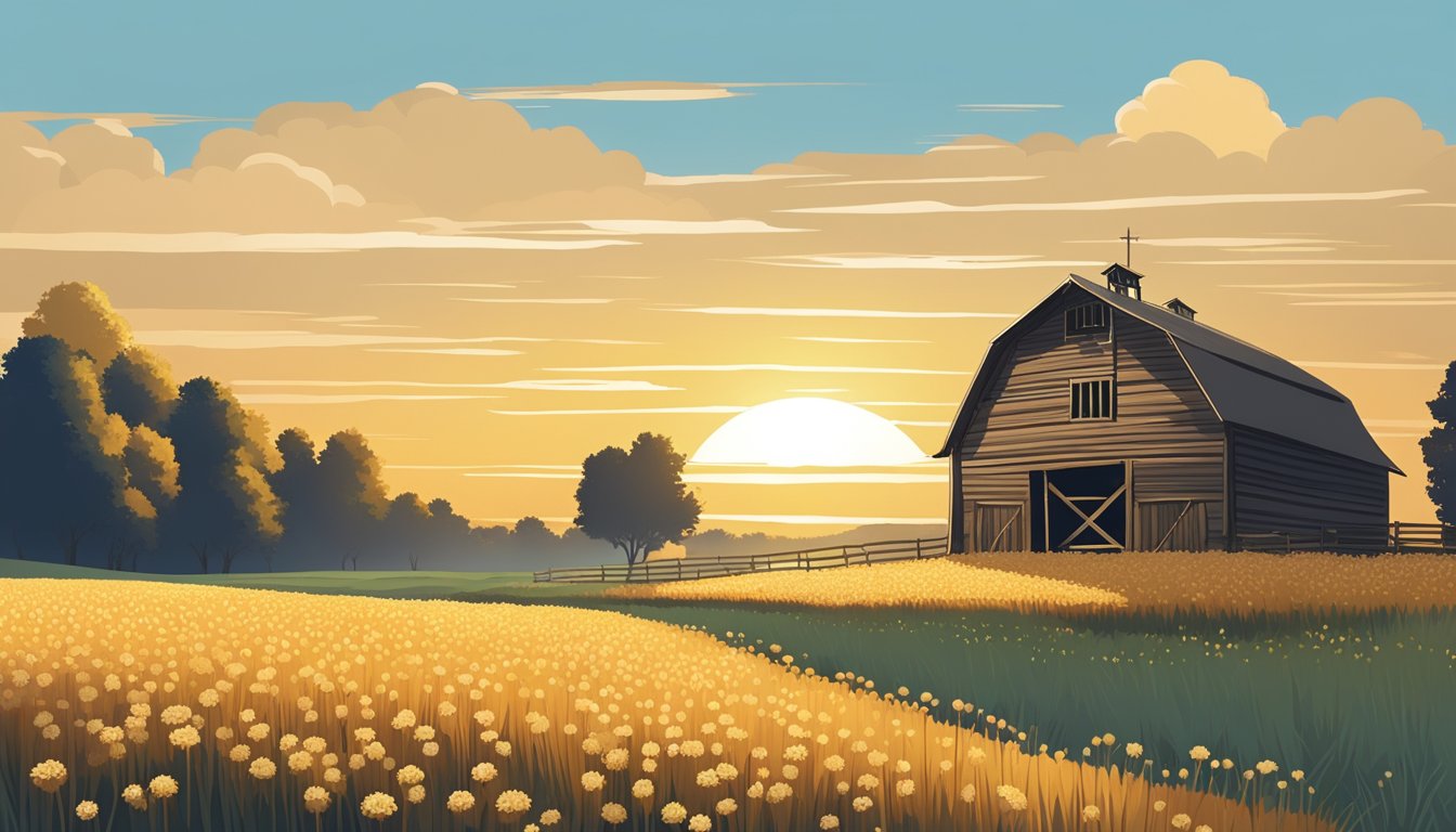 A rustic wooden barn with fields of buckwheat stretching to the horizon, under a clear blue sky with a golden sun