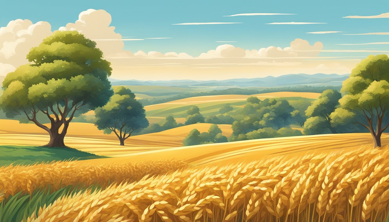 A lush field of golden wheat sways in the breeze, surrounded by vibrant cinnamon trees. A clear blue sky and a gentle sun shine down on the organic promise of Kashi's wholesome cereal