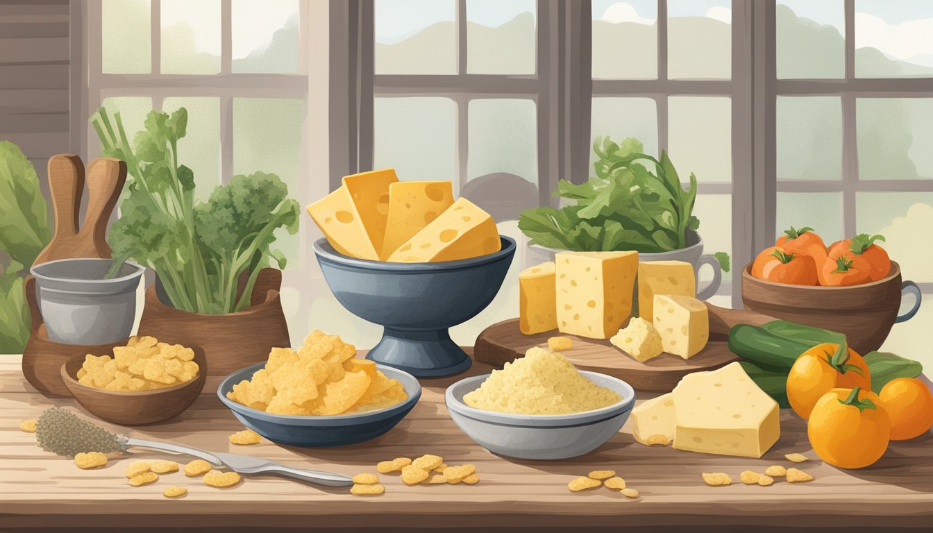 A rustic wooden table set with a bowl of Simple Mills Farmhouse Cheddar Almond Flour Crackers, surrounded by fresh produce and a vintage cheese grater