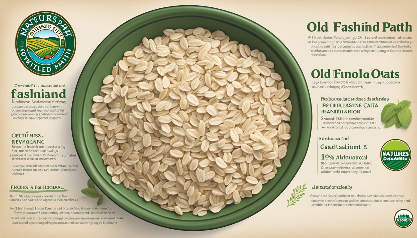 A bowl of natures path organic old fashioned rolled oats with certifications and standards logos displayed prominently