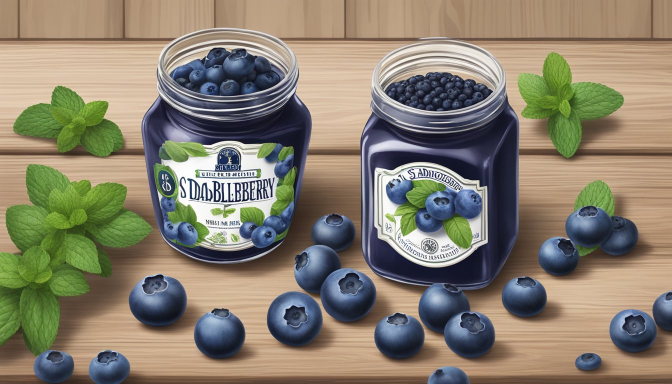 A jar of St. Dalfour wild blueberry 100% fruit spread surrounded by fresh blueberries and a sprig of mint on a rustic wooden table