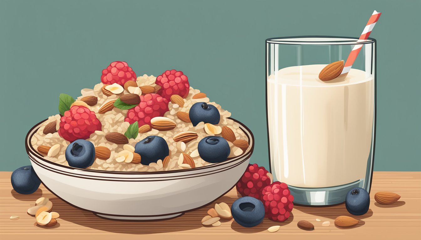 A bowl of Nature's Path organic old fashioned rolled oats surrounded by fresh fruits and nuts, with a glass of almond milk on the side