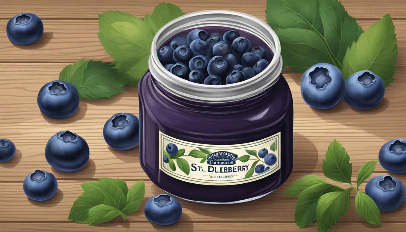 A jar of St. Dalfour wild blueberry fruit spread surrounded by fresh blueberries and leaves on a rustic wooden table