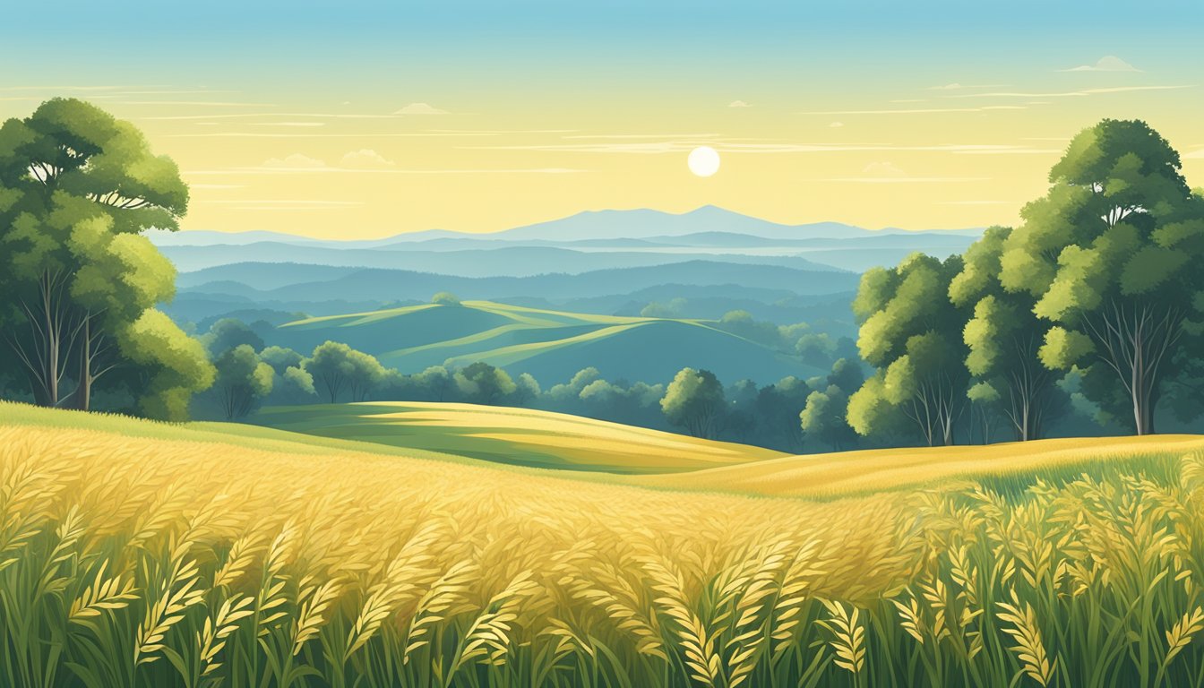 A serene landscape with a field of golden oats, surrounded by lush greenery and a clear blue sky