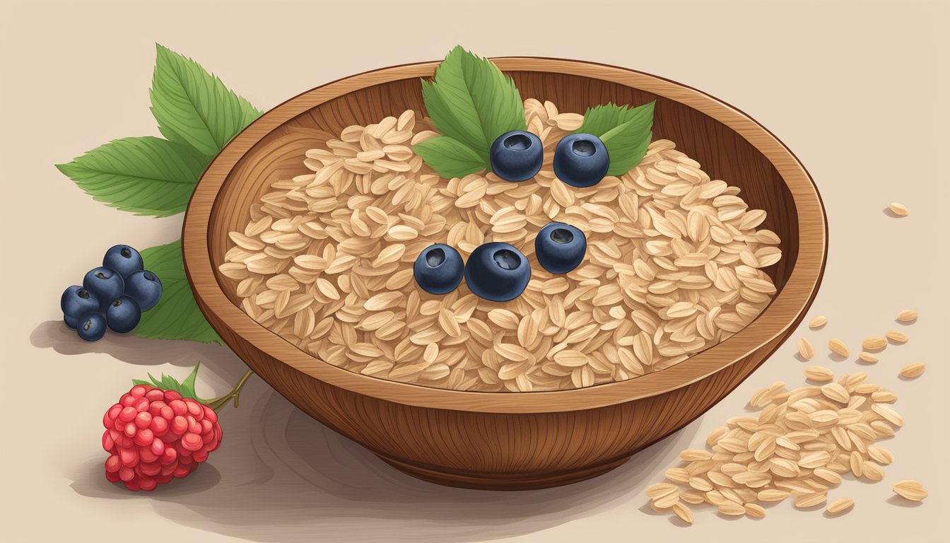 A wooden bowl filled with Nature's Path Organic Old Fashioned Rolled Oats, surrounded by scattered oats and a few scattered berries