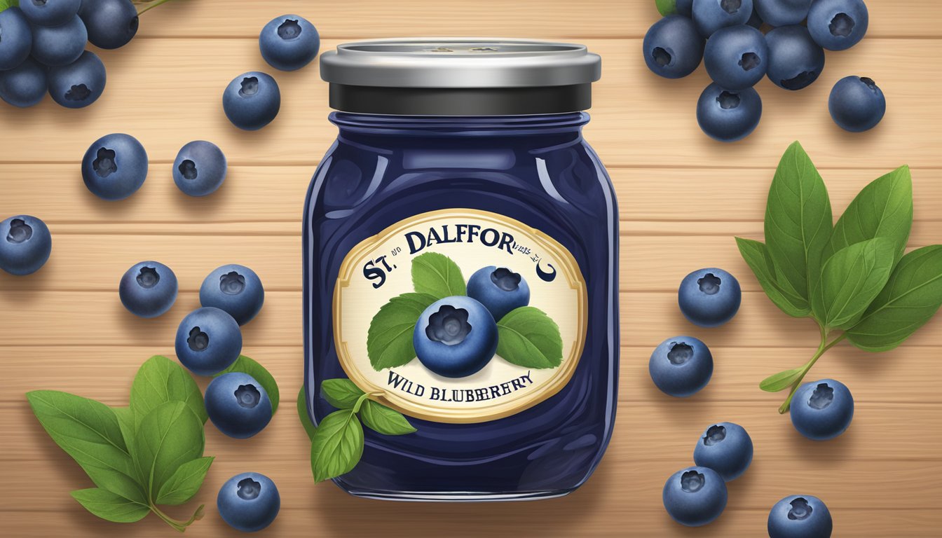 A jar of St. Dalfour wild blueberry fruit spread surrounded by fresh blueberries and green leaves on a wooden table