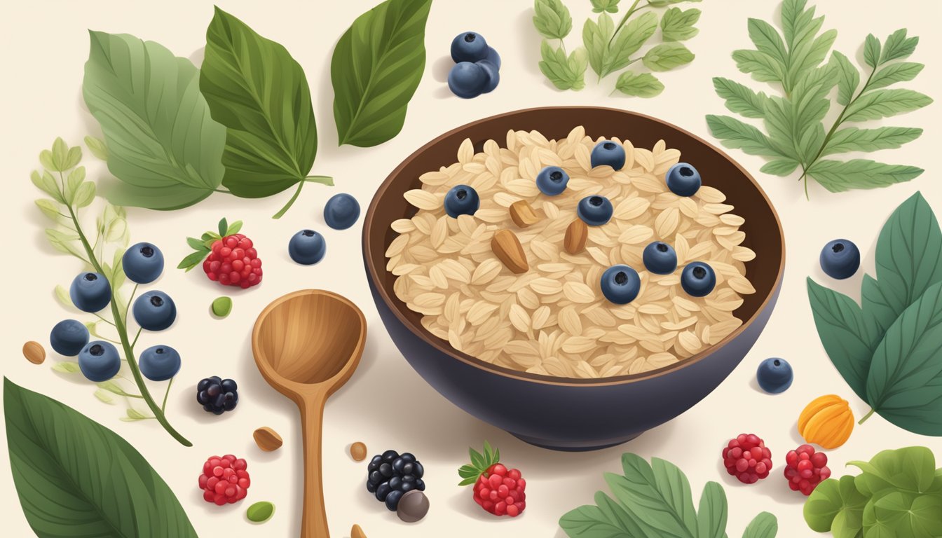 A bowl of old fashioned rolled oats surrounded by nature-inspired elements like leaves, berries, and a wooden spoon