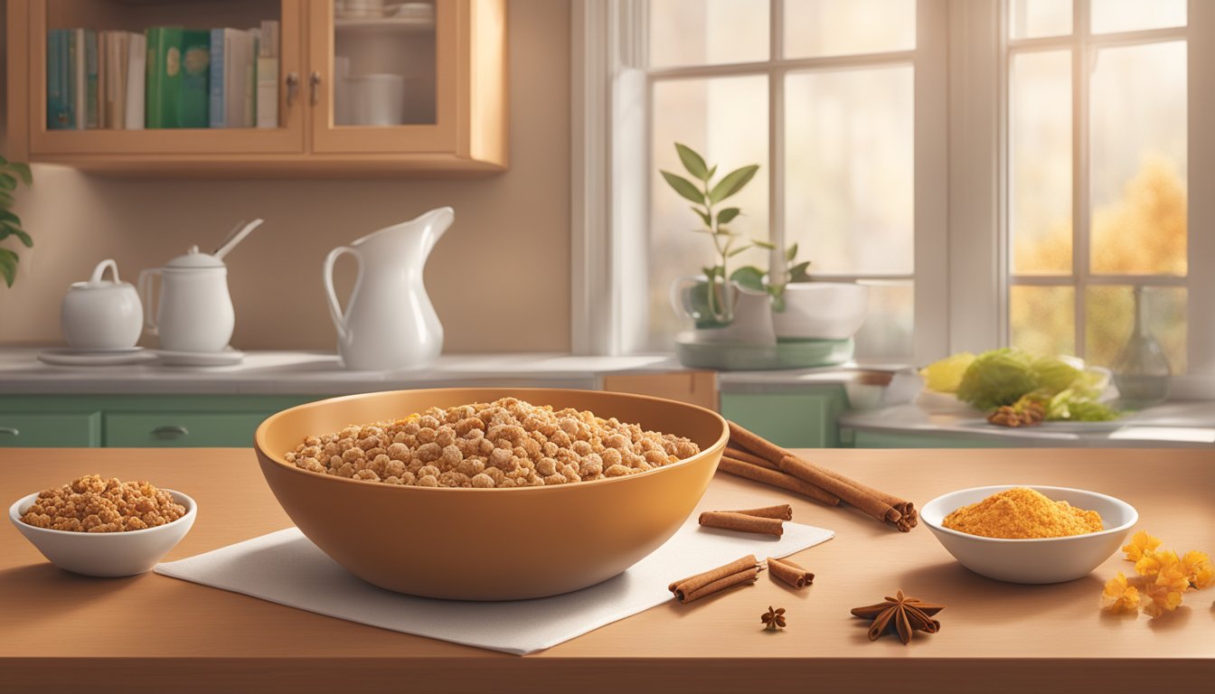 A bowl of Kashi Organic Promise Cinnamon Harvest cereal surrounded by fresh ingredients and a warm, inviting atmosphere