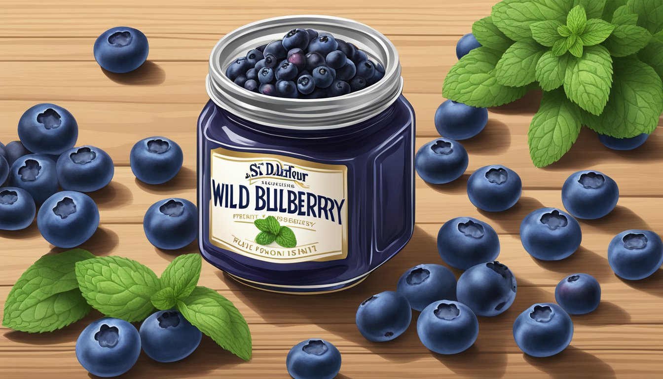 A jar of St. Dalfour Wild Blueberry 100% fruit spread surrounded by fresh blueberries and a sprig of mint on a wooden table