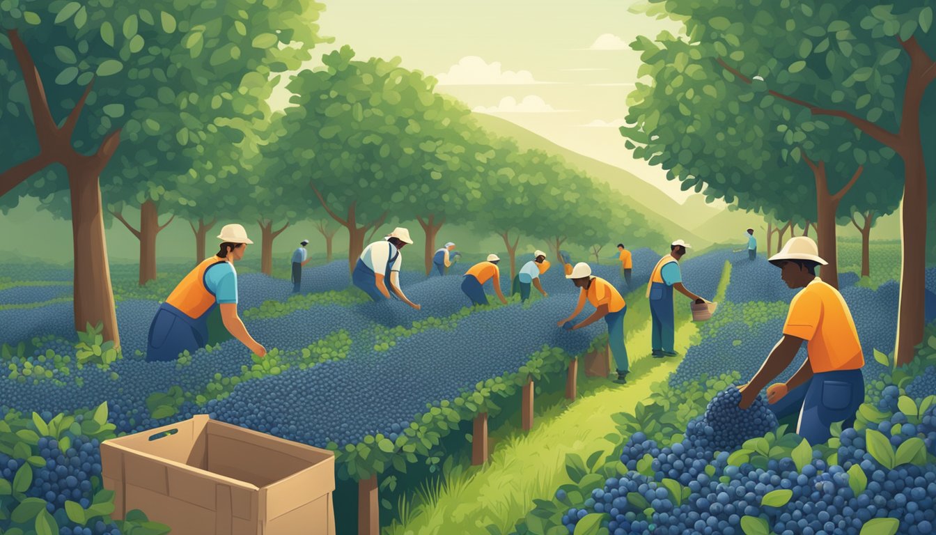 A lush blueberry orchard with workers harvesting fruit, surrounded by eco-friendly packaging and sustainable farming practices