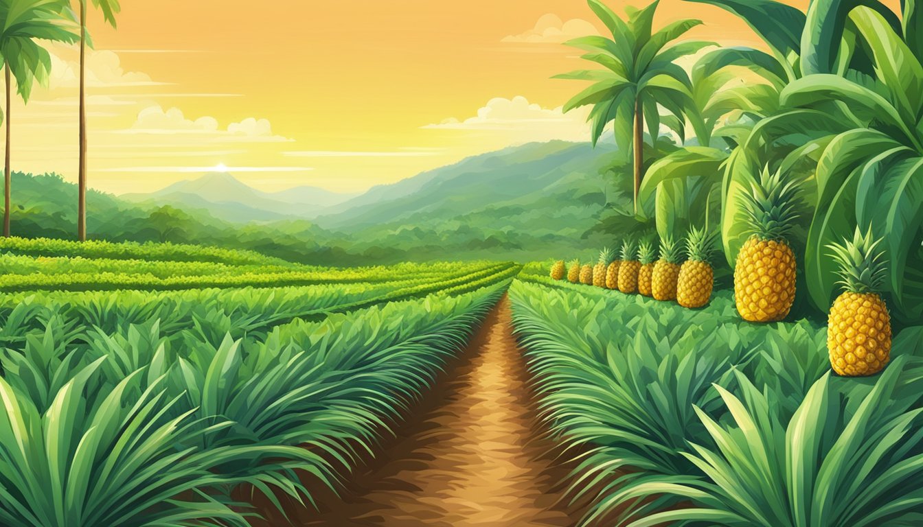 A lush, tropical plantation with rows of pineapple plants stretching into the distance, ripe fruit ready for harvest under a bright, sunny sky