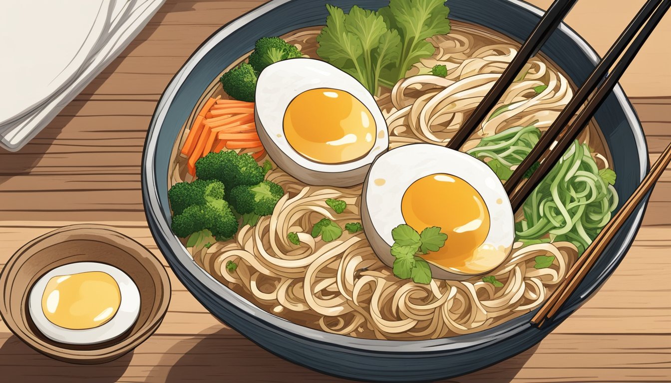 A steaming bowl of vegan miso ramen sits on a wooden table, surrounded by fresh vegetables and a pair of chopsticks