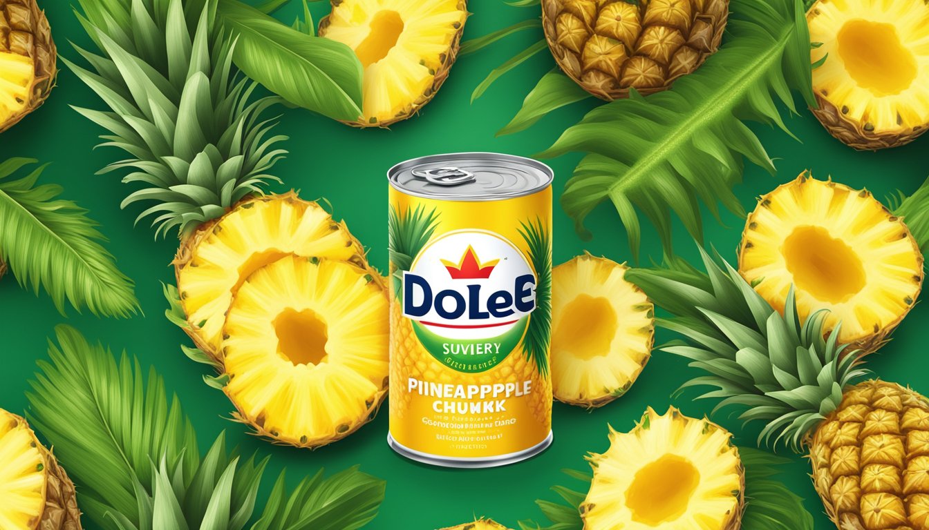 A can of Dole pineapple chunks sits in a pool of golden pineapple juice, surrounded by vibrant green leaves and slices of fresh pineapple