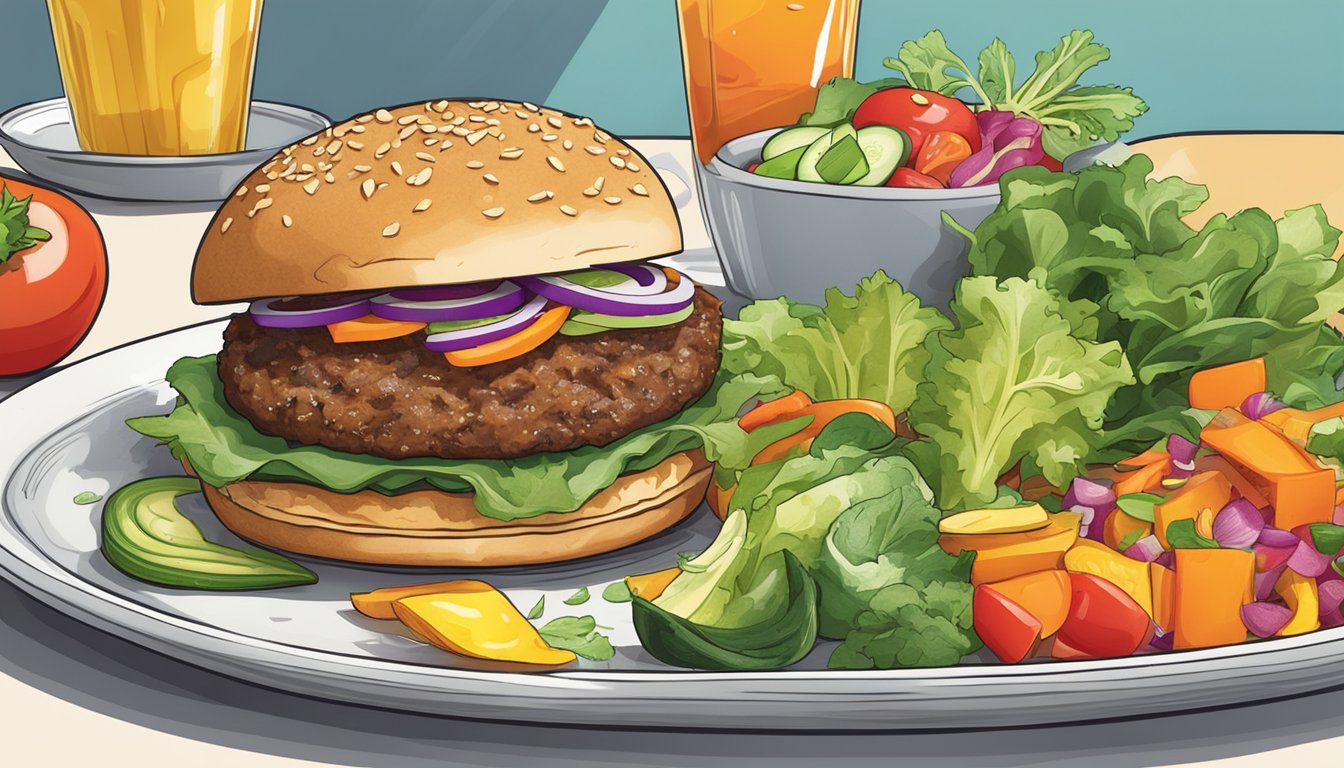 A sizzling organic California veggie burger surrounded by colorful, fresh vegetables on a clean, modern plate