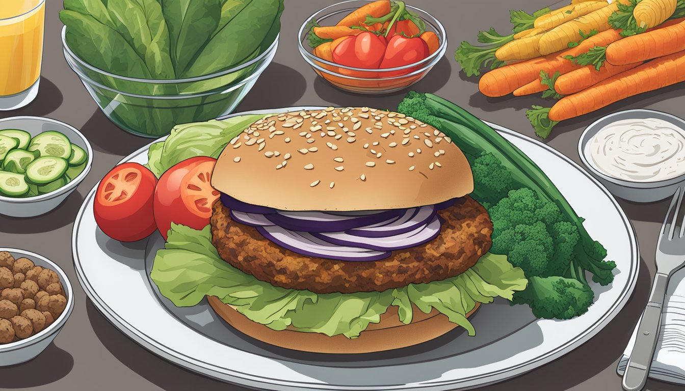 A table with a plate of Dr. Praeger's organic California veggie burgers, surrounded by various vegetables and a nutrition label