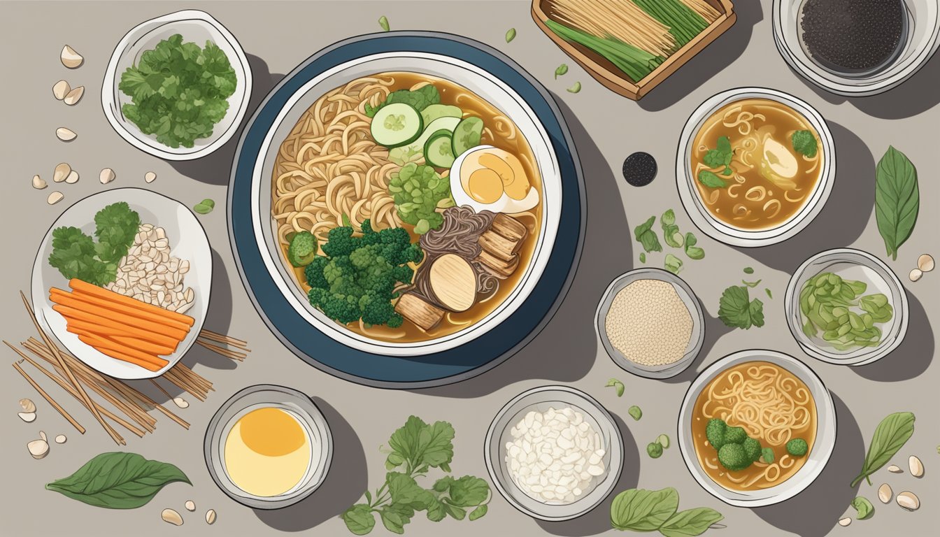 A steaming bowl of vegan miso ramen surrounded by scattered ingredients and allergen labels