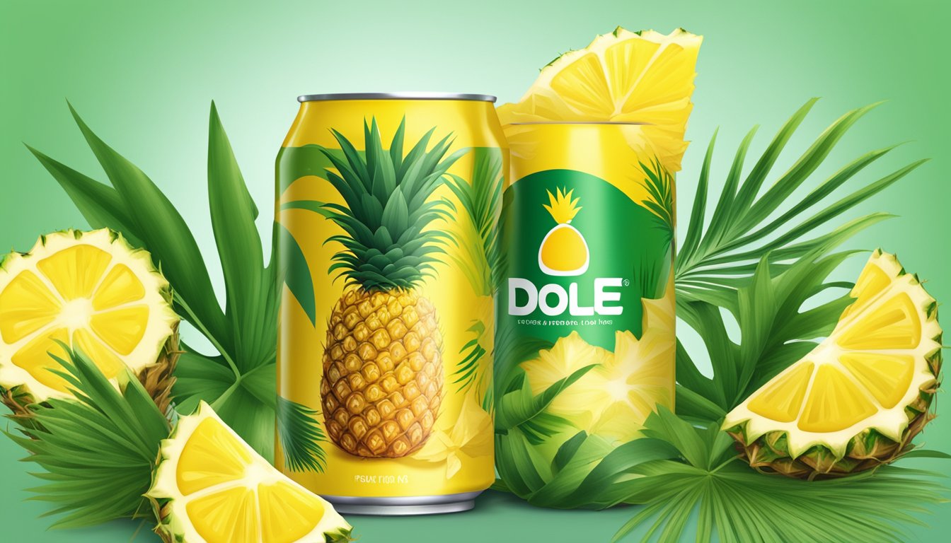 A can of Dole pineapple chunks in a pool of pineapple juice, surrounded by tropical leaves and a slice of fresh pineapple