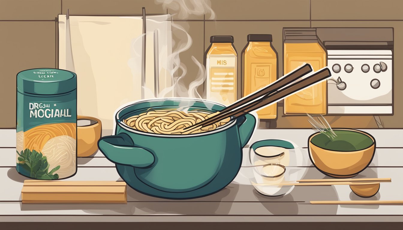 A pot of boiling water with a packet of Dr. McDougall's Vegan Miso Ramen being added, with a timer set and a bowl and chopsticks ready nearby