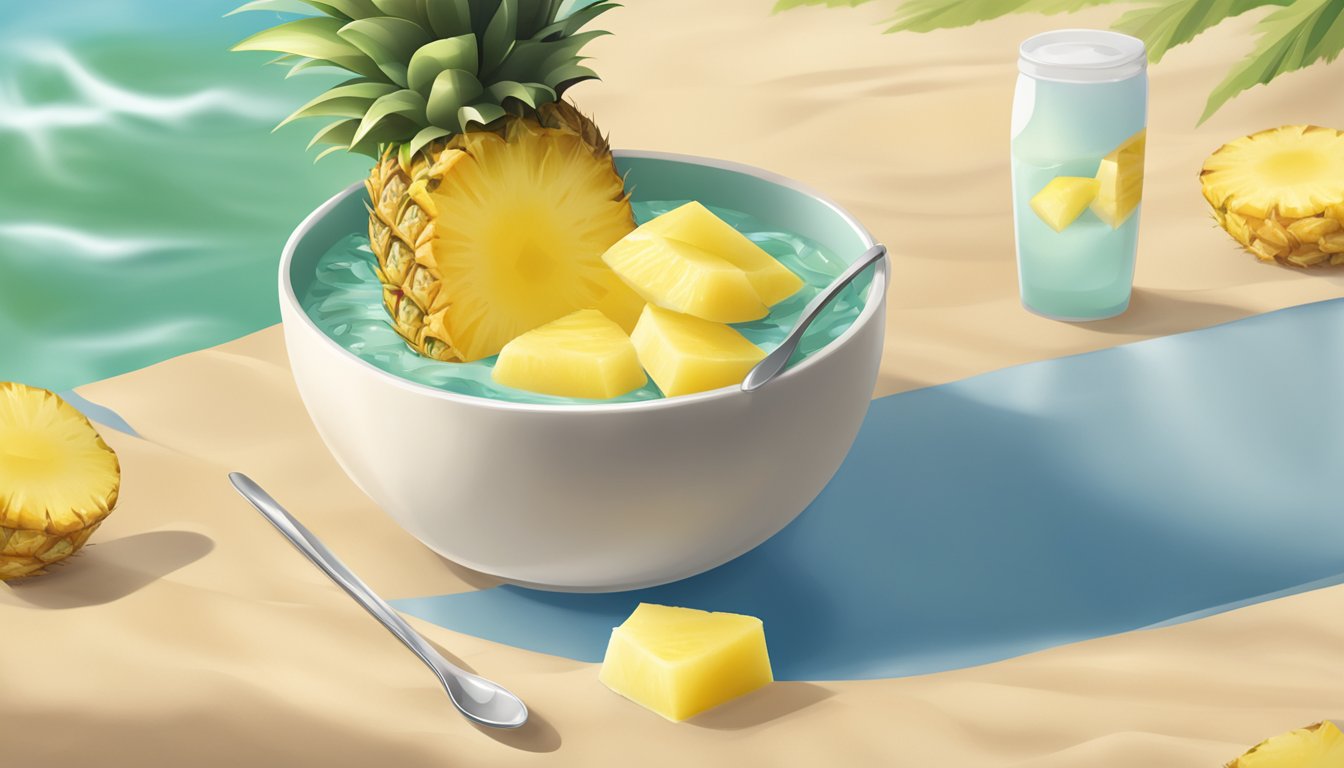 A bowl of dole pineapple chunks in a pool of 100% pineapple juice, with a spoon resting nearby