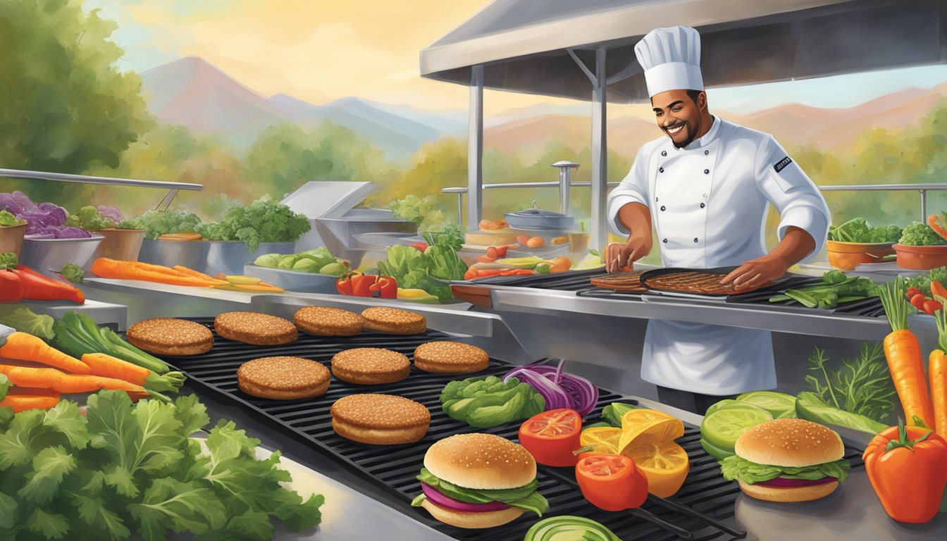 A chef grills Dr. Praeger's organic California veggie burgers on a sizzling hot grill, surrounded by colorful vegetables and herbs