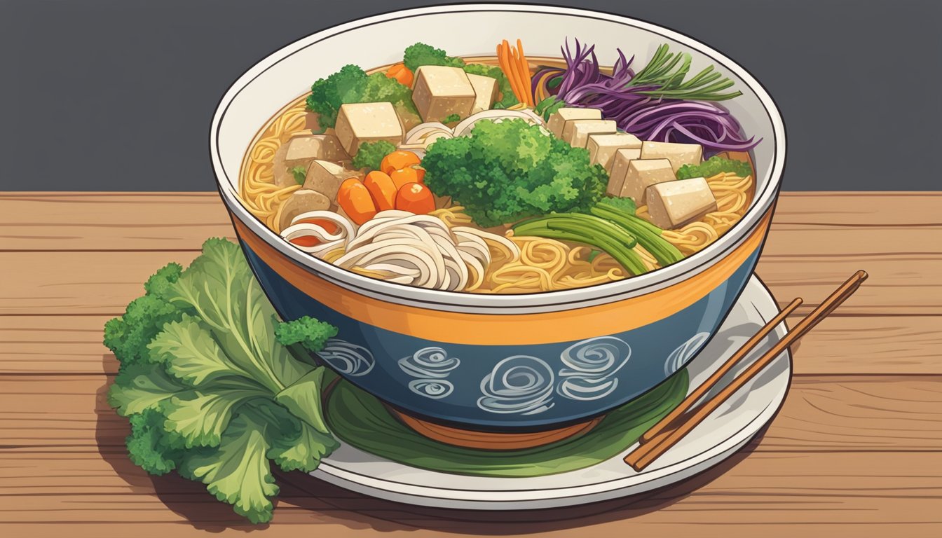 Steam rising from a bowl of vegan miso ramen, garnished with colorful vegetables and tofu, on a wooden table