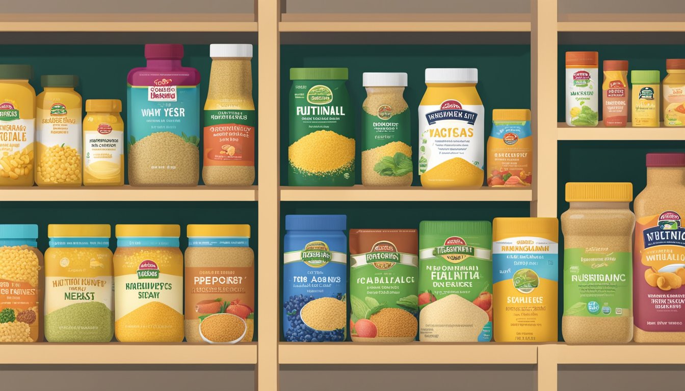 A variety of nutritional yeast brands displayed on shelves, surrounded by images of healthy, vibrant foods and ingredients