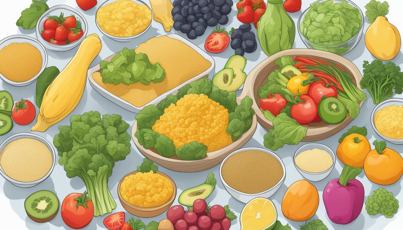 A colorful array of nutritional yeast brands surrounded by fresh vegetables and fruits, highlighting their health benefits and nutritional content