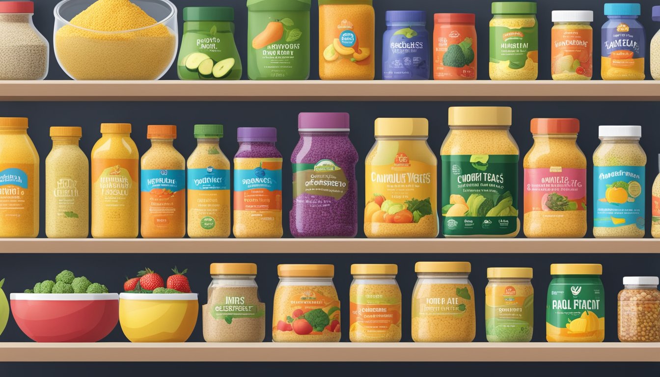 A colorful array of nutritional yeast brands displayed on a shelf, surrounded by vibrant fruits and vegetables