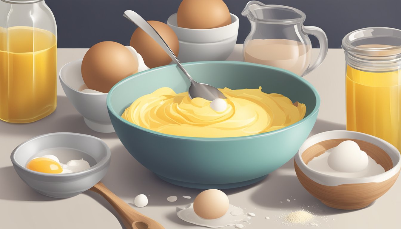 A bowl of cake mix surrounded by ingredients like eggs and oil, with a measuring cup and spoon nearby