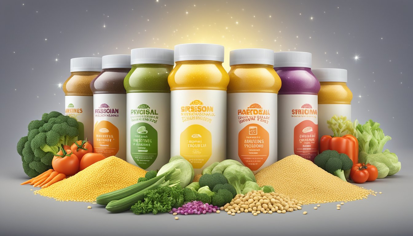 A colorful array of nutritional yeast containers surrounded by fresh vegetables and grains, with a glowing halo of light emanating from the top brand