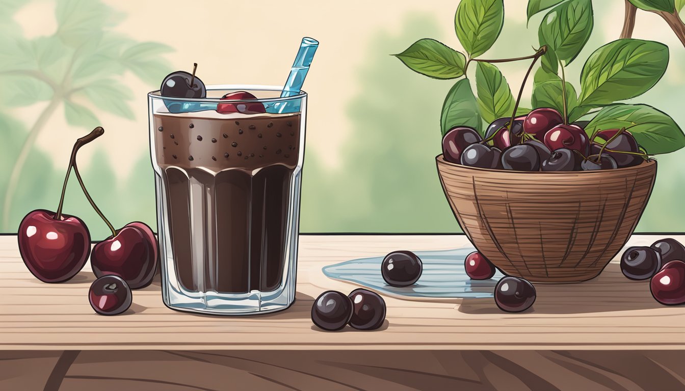 A table with a health warrior chia bar in dark chocolate cherry flavor, surrounded by fresh cherries and a glass of water