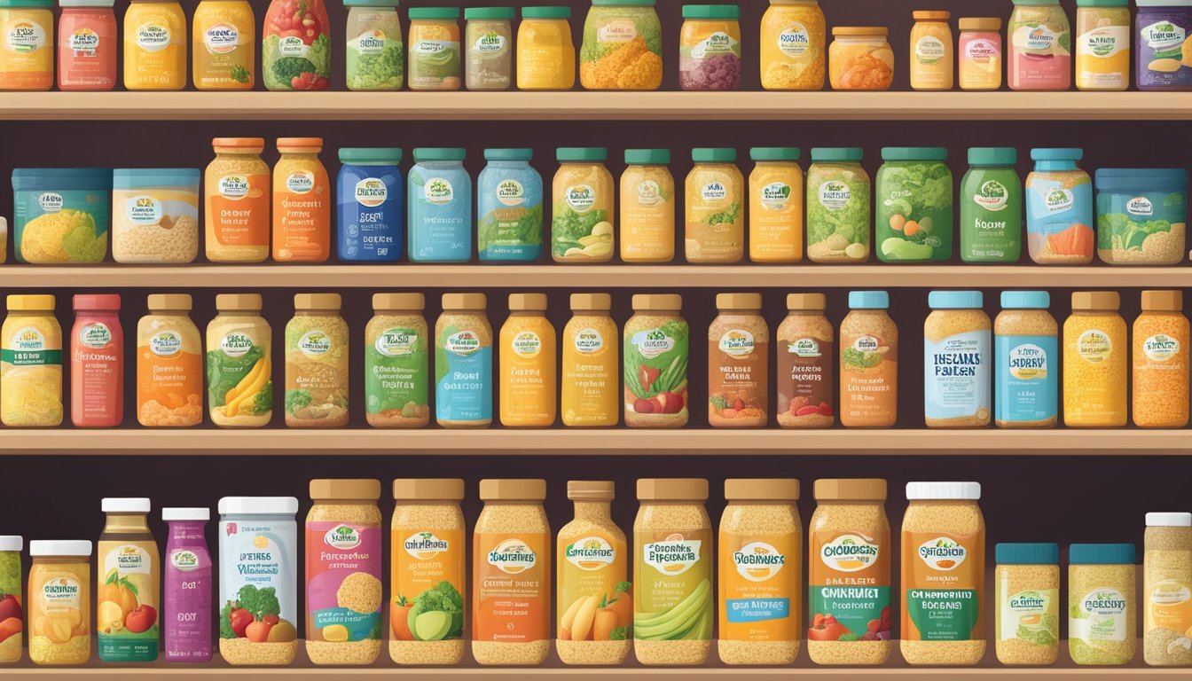 A colorful array of nutritional yeast brands displayed on a shelf, surrounded by fresh fruits and vegetables, with a focus on their health benefits