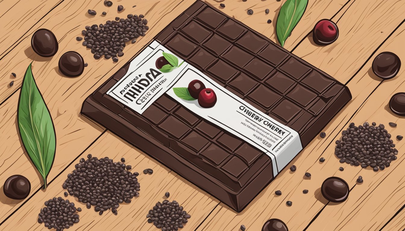 A dark chocolate cherry chia bar sits on a wooden table surrounded by scattered chia seeds and dried cherries