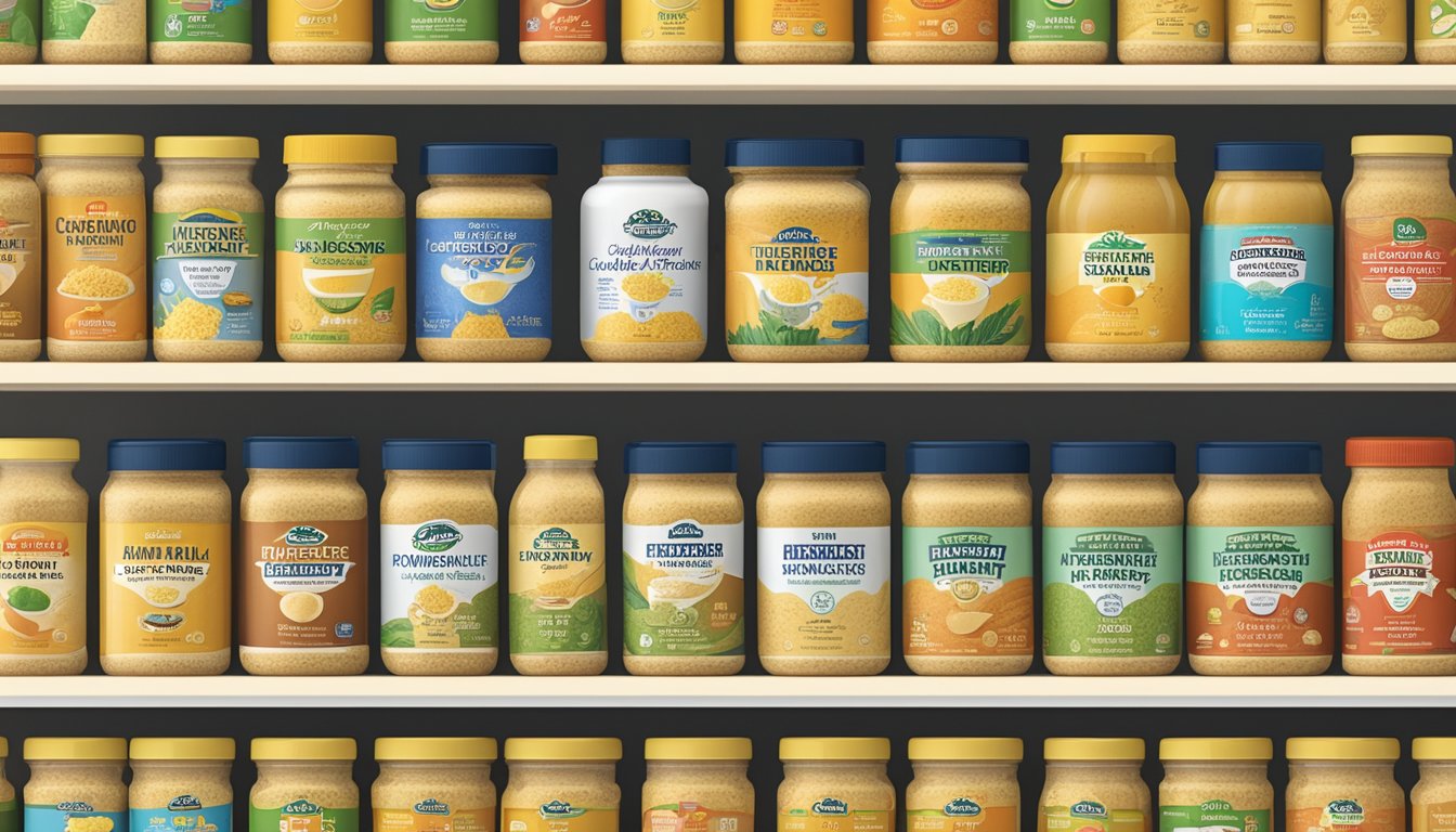 A collection of top-rated nutritional yeast brands displayed on a shelf, each with a prominent label showcasing their adherence to safety and quality standards