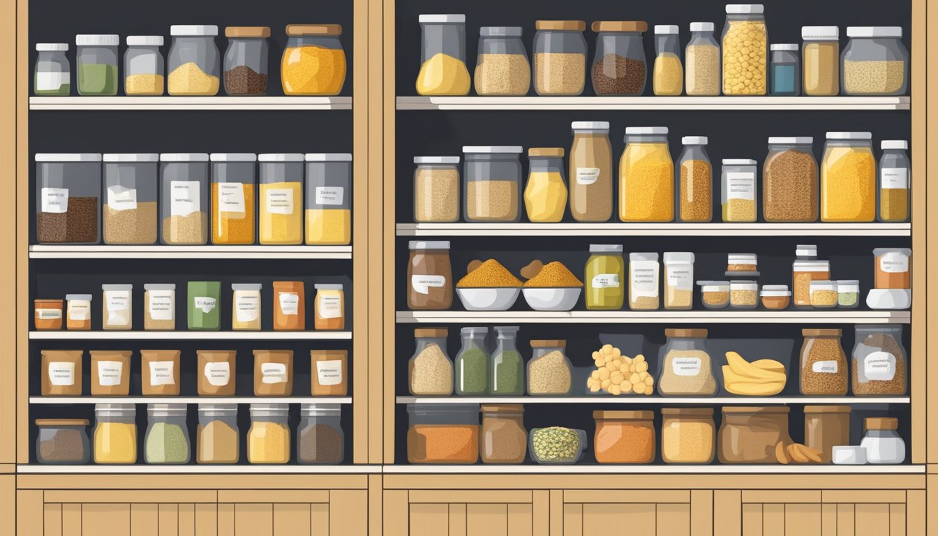 A kitchen pantry filled with various brands of nutritional yeast, neatly organized on shelves with labels indicating their health benefits